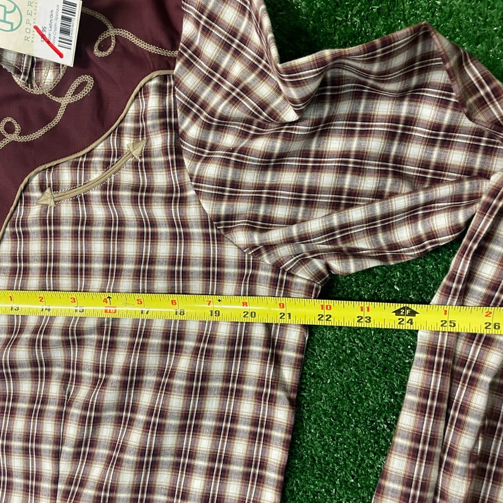 ROPERS WESTERN COWGIRL SNAP WINE CREAM TAN SMALL SCALE PLAID SIZE L-XL - Picture 9 of 11